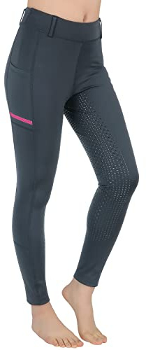 SPOEAR Horse Riding Pants Equestrian Girls Full Seat Silicone Breeches Kids Pull-On Horseback Riding Tights Pockets, Grey, Large