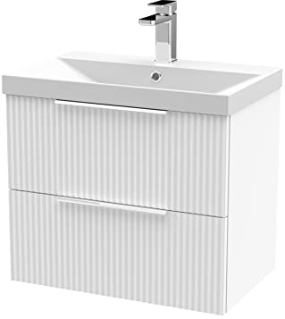 Hudson Reed DFF193D Fluted Modern Bathroom Wall Hung 2 Drawer Vanity Basin Unit with Thin-Edge Ceramic Basin, 600mm, Satin White
