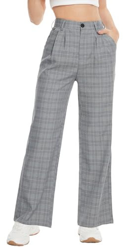 Tapata Pantalon Femme Jambe Large Longue Femme avec Poches Fermeture Éclair Décontractée, Noir à Carreaux, S, Regular
