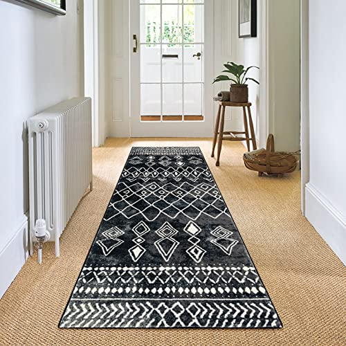 Carvapet Läufer Teppich 60x240cm rutschfest Lang Küchenteppich Waschbar Teppichläufer Weiche Mikrofaser Geometrisch Flächenteppich Laufteppich(Schwarz)