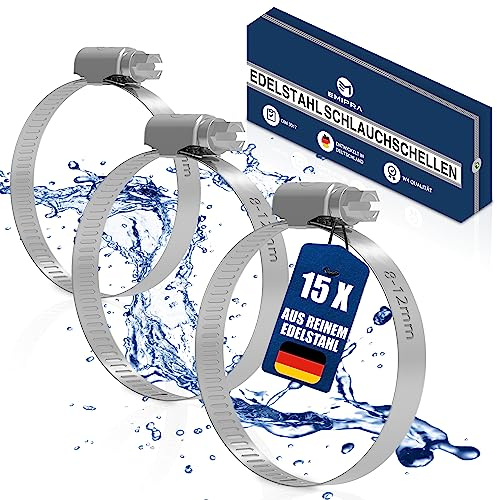 EMIPRA® Schlauchschellen Set [8-12mm, 15 Stk] - optimierte Geometrie für besonders einfache Rotation - Schlauchschellen Edelstahl rostfrei gemäß DIN 3017 W4