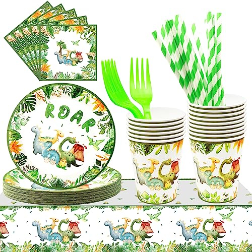 Lunriwis101 Dinosaur Party Supplies - 101 Pcs Tableware Set for 20 Guests - Plates, Cups, Napkins & Decorations for Kids Birthday Party