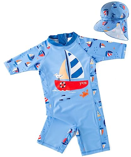 Tyidalin Traje de Baño para Niños Bañador Una Pieza Bebé Manga 3/4 UPF Protección Solar UV Natación con Gorro, Azul Claro, 92-98(Étiqueter 4)