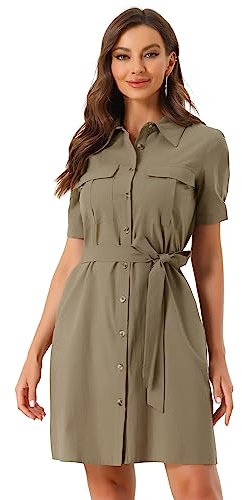 Allegra K Women's Mothers Day Costumes Safari Dresses Summer Cotton Short Sleeve Belted Button Down Shirtdress Tan L