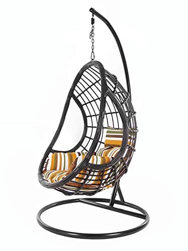 KIDEO Komplettset: großer Hängesessel mit Gestell & Kissen, Poly-Rattan, schwarz (Kissen: gestreift Nest (8640 Retro Stripes))