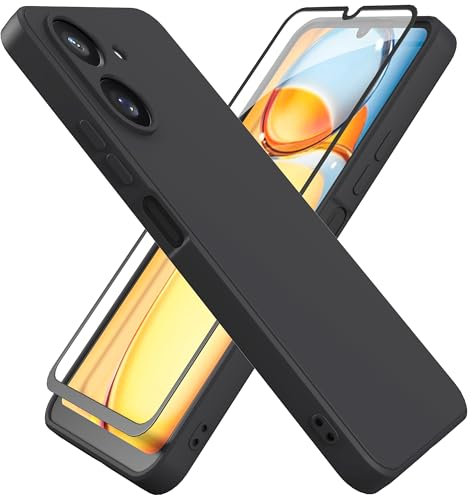 HHUIWIND Coque pour Xiaomi Redmi 13C 4G (6.74) avec Verre Trempé écran Protecteur,Housse de Protection Silicone TPU Anti-Scratch Antichoc Bumper Étui Case Cover - Noir
