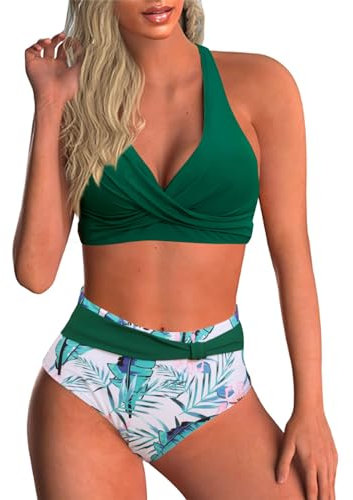 Baynetin Conjunto de Bikini Mujer Sexy de Dos Piezas Push Up Acolchado Retro Impreso Halter Backless Bikini Control de Vientre de Cintura Alta Traje de Baño (Hojas Verdes, L)