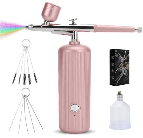 ConBlom Portable Airbrush Kit with Compressor, Handheld Air Brush Air Spray Paint Gun, Cordless Air brush Kit with Spray Gun, Nail Airbrush Kit for Painting and Nail Art (Pink)