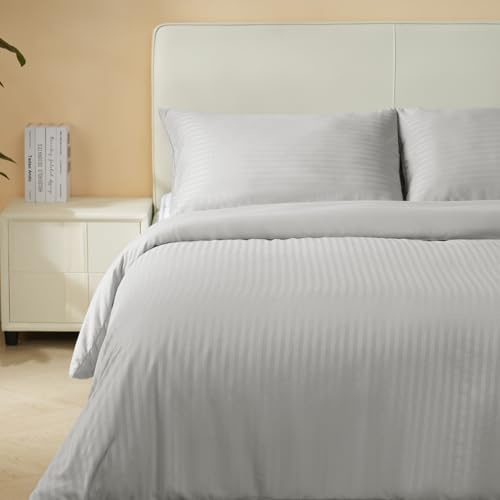 Good Nite Bettwäsche-Set für Einzelbett, Polyester, gestreift, Satin, Bettbezug-Set mit 2 Kissenbezügen, hautfreundlich und weich, maschinenwaschbar (Hellgrau, Einzelbett 135 x 200 cm)