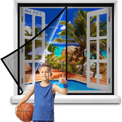 Insect Stop Fliegengitter für Fenster 115x155cm Insektenschutz mit Klettband selbstklebend - Fliegen Netz ohne Bohren (durchsichtig) Schwarz