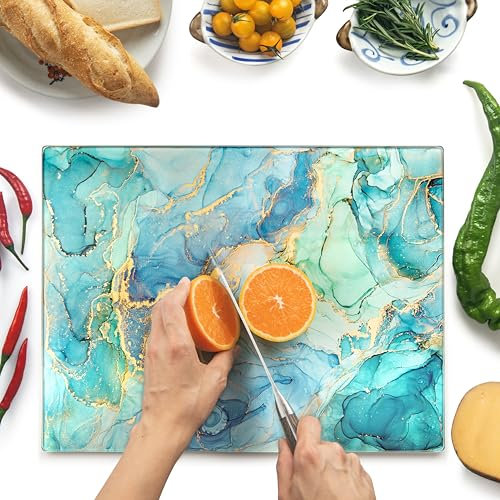Kitchenville Tagliere da Cucina in Vetro Temperato 40×30 cm – Infrangibile, Antigraffio, Antiscivolo & Resistente al Calore – Oceano Turchese