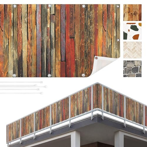 Balkon Sichtschutz Holzoptik 75x700 cm inkl. Kabelbinder Wetterfest Blickschutz Balkonverkleidung Balkonbespannung Sonnenschutz Balkongeländer Windschutz Terrasse Garten Deko Ideen Braun TEXBS_1038