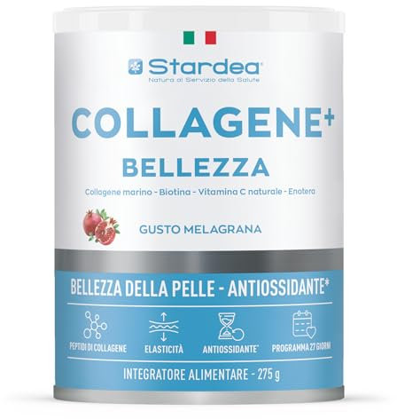 Collagene Marino con Acido Ialuronico 275g | 9g Collagene Marino e Acido Ialuronico + Vitamina C Naturale, Biotina | Pelle Idratata, Capelli Forti | STARDEA COLLAGENE+ BELLEZZA | Gusto Melagrana