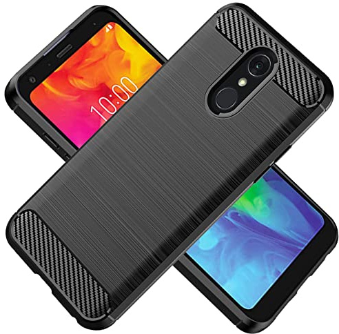 HTXWXJC Schutzhülle für LG Q7+, LG Q7, LG Q7 Plus, LG Q7 Alpha, schmal, dünn, Kohlefaser, TPU, Gummi, kratzfest, stoßfest, Schwarz