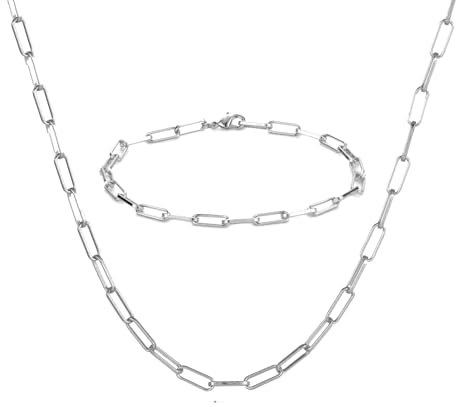 GUSXPPD Paperclip Link Chain Necklace for Women, Gold Silver Paperclip Necklace Paperclip Bracelet Oval Link Chain Jewellry for Women Girls for Christmas Birthday Graduation (Silver)