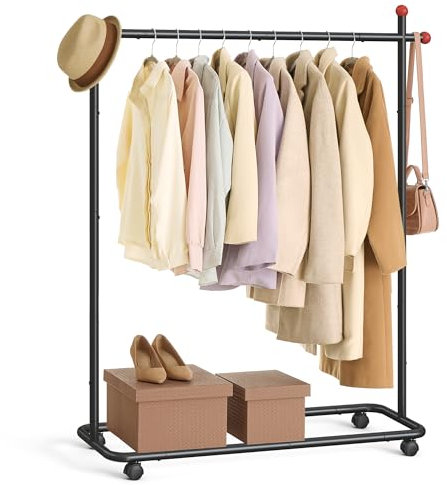 SONGMICS HOME Kleiderständer auf Rollen, Garderobenständer, Jackenständer, 1 Kleiderstange, Haken in Streichholz-Form, stabil, Schlafzimmer, Flur, tintenschwarz HSR170B01