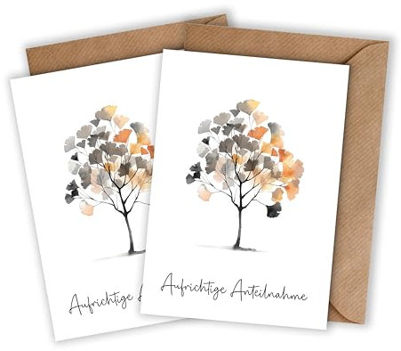 WBdesignz Tarjetas de condolencia Sinceras solicitudes en juego de 2 con sobres, elegantes tarjetas de condolencia con acuarela de árbol, Ginkgo, tarjeta de condolencia (DIN A6) (2 unidades)