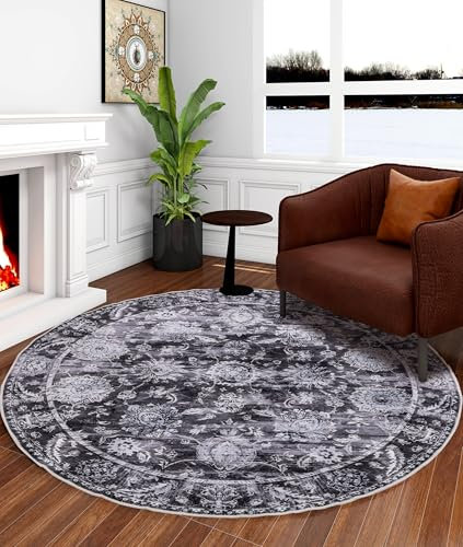 Round Area Rug, 120cm Grey Vintage Soft Circle Carpet, Non Slip Hallway Floor Mat, Machine Washable Boho Carpet Floor Mat, Floral Pattern Round Rug for Living Room Bedroom Bathroom