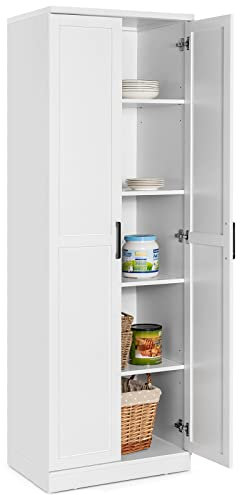 GiantexUK 177cm Tall Kitchen Cupboard, Wooden Storage Cabinet with Adjustable Shelves, 2 Doors & Anti-tipping Kits, Freestanding Display Sideboard Unit for Dining Living Room Pantry (White)