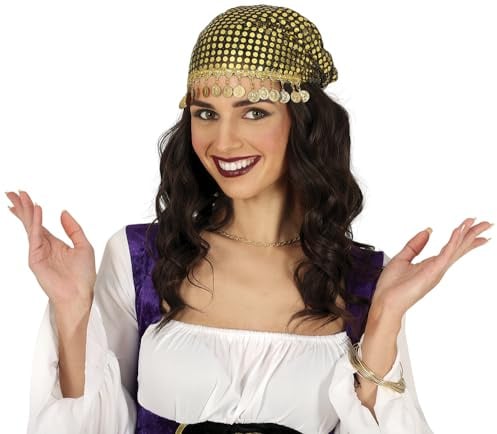 FIESTAS GUIRCA | Wahrsagerin Kopftuch mit Goldmünzen (Einheitsgröße) - Kostümzubehör für Zigeuner und Wahrsager - Ideal für Kostümpartys, Karneval und Feiern - Unisex für Erwachsene - Gold