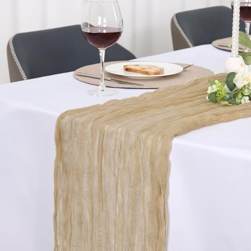 Jumdast Tischläufer Beige, Käsetuch Tischläufer Boho, Tischläufer Modern | Tischläufer Outdoor Hochzeit abwaschbar Musselin Chiffon Stoff Hochzeitsdeko Taufe Deko Tischdeko (Beige, 90 x 180 cm)
