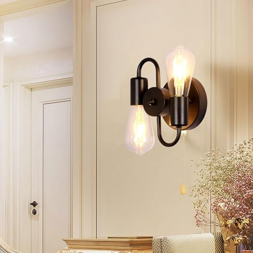 Wandlampe Glas Schirm Doppel Wandleuchte Innen mit Zugschnur Schalter Flur Wohnzimmer E27 Metall Vintage Oben und Unten Wandbeleuchtung Retro Dekorative für Schlafzimmer Esszimmer (Schwarz,1 Stück)