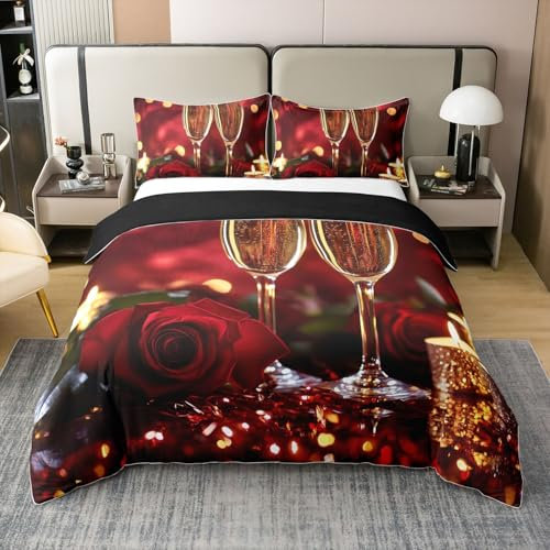 Romantic Red Rose 100% Cotton Bedding Set,Anniversary Day Duvet Cover Super King for Kids Teens Adult,Oil Painting Champagne Bed Set,Couple Lover Quilt Cover with 2 Pillow Shams for Bedroom