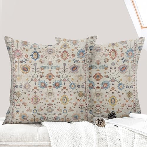 ECZOIL 2er Set Boho Kissenbezüge 50x50 cm,Böhmische Blumen Dekorative Kissenhülle Flachs 20x20 Inch Doppelseitiger Druck Dekorative Kissenbezug für Wohnzimmer Sofa Schlafzimmer-Floral Cremefarben