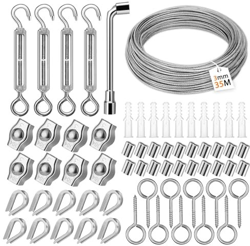 USHOP 66PCS Kit Fune Acciaio,Cavo Acciaio 35M/3mm,Fune Cavo Acciaio Kit,304 Fune Tenditore Filo Acciaio Inox,Cavo Corda in Acciaio Inox,Fune Tenditore per Appendere Stendibiancheria Giardino Tende