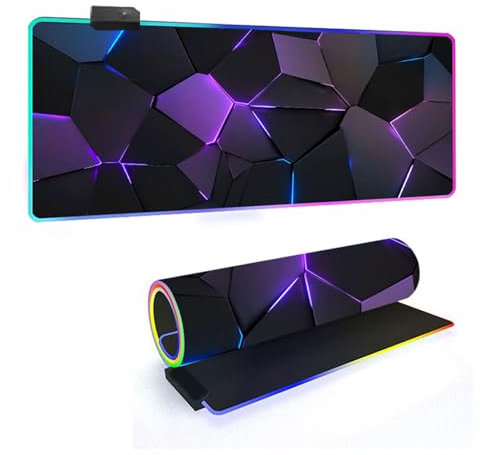 Mateju Tapis de Souris Gaming RGB Géométrie, 14 Modes LED Tapis de Souris XXL, Accessoire Bureau avec 7 Couleurs, Fourniture Bureau avec Base en Caoutchouc Antidérapant (Violet,900x400x4mm)