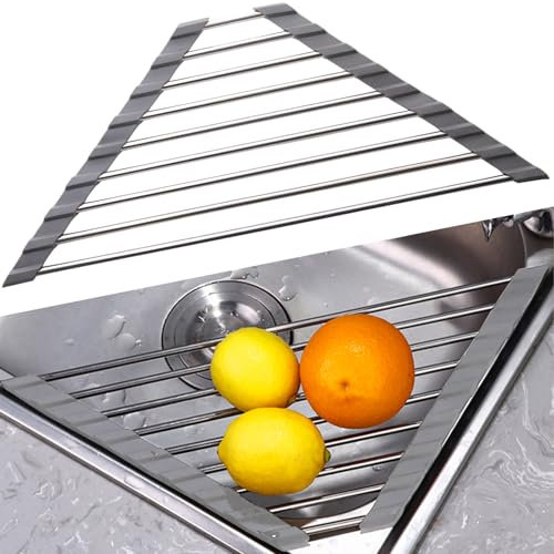 Ulawellor Escurridor de Platos para Fregadero,Escurreplatos Enrollable de Cocina Escurridor de Fregadero de Acero Inoxidable Platos Plegable Esponja Titular para Secar Frutas Verduras(Gris)