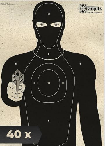 X-Targets Schießscheiben 70x50 cm mit bewaffneter Silhouette 40 Stück für taktisches Schießtraining, CQB, IPSC, Verteidigung, Schützenverein, Graspapier gegen Reflexion, klare Trefferzonen sichtbar