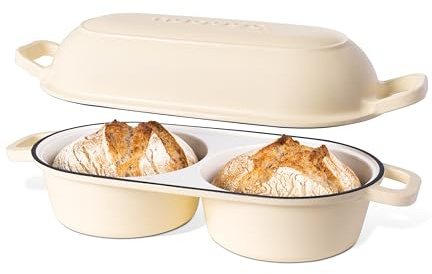 Dutch Oven for Sourdough Bread Baking – Enamelled Cast Iron Bread Loaf Pot – 500°F Oven Safe Non Stick Bread Pot – Double Round Loaf Space, 16.5cm Diameter, Cream, – by Nuovva