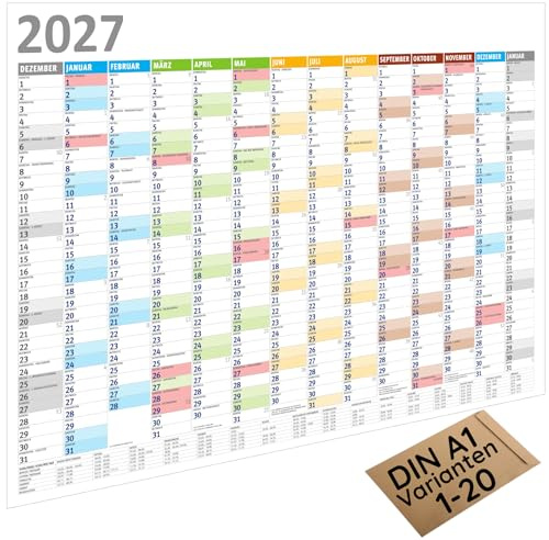 MARZEI24® Din A1 Wandkalender 84,1 cm x 59,4 cm für 2027 Kalender Planer O1 | Mengenrabatt, 14 Monate, Papier: 135 g/m², Kalenderwochen, Schulferien, Gefaltet auf Din A4, Feiertage, Jahresplaner, Termine