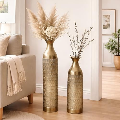 Dekoleidenschaft 2X Bodenvase Gold aus Metall, schlank, 63 & 72 cm groß, XL Vase, Deko Blumenvase