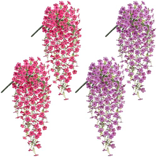 Zuuyye Piante Sospese Artificiali 4 Pezzi Plastica Viola Magenta Piante Finte Fiori Sospesi Realistici Edera Finta Resistente alle Intemperie per Balcone Terrazza