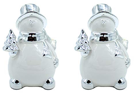 DARO DEKO Keramik Schneemann Silber-weiß 14cm - 2 Stück