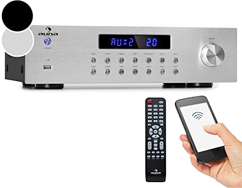 Auna Verstärker, HiFi Stereo Mini Verstärker, HiFi-Verstärker mit Bass & Treble Regler, 4 Kanal Audio-Verstärker, Stereo-Verstärker & Lautsprecher mit Fernbedienung & AUX Eingang, AV Receiver