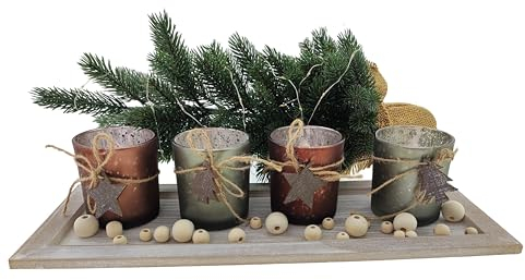 MC Trend 4 portavelas de cristal con bandeja de madera, con estrellas y abetos decorativos, para Adviento, Navidad, decoración de mesa de aprox. 40 x 15 cm