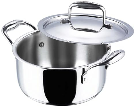 Vinod Olla 3 Capas 24cm, 5 Litros | Olla de acero inoxidable con tapa de vidrio | Olla de sopa segura para inducción, cacerola | Olla de tamaño familiar | Acabado espejo | Juego de ollas
