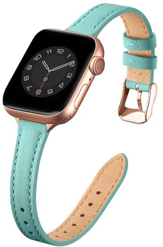 SUNFWR Compatible avec Le Bracelet Apple Watch 45mm 44mm 42mm,Fin Cuir Véritable Femme Bracelet Remplacement,pour iwatch Series 7/6/5/4/3/2/1,SE(42mm 44mm 45mm,Bleu Tiffany&Or Rose)