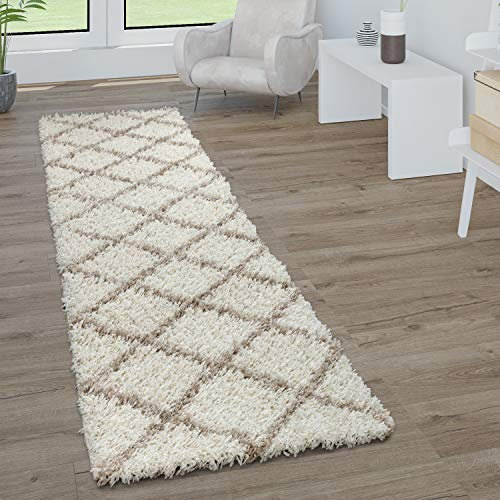 Paco Home Hochflor Teppich Wohnzimmer Schlafzimmer Shaggy Skandinavisch Rautenmuster, Grösse:80x150 cm, Farbe:Beige-Creme