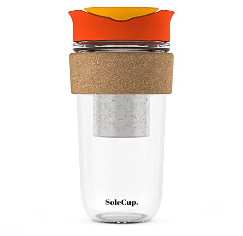 SoleCup. Large Travel Mug Loose Tea Infuser - Detachable Tea Strainer with Spill Proof Lid - 18oz/530ml BPA-Free Reusable Glass Travel Coffee Cup with Cork Band (Red, 530ml / 18oz)