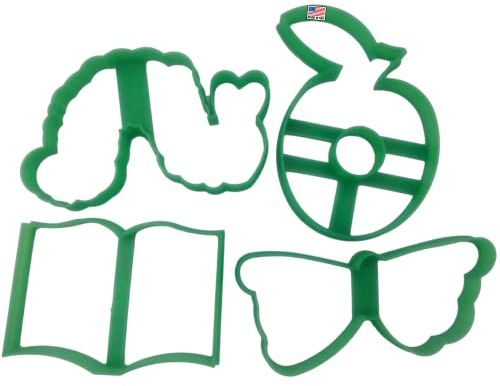 Ausstechformen inspiriert von der Raupe Nimmersatt Schmetterling, Apfelfrucht und offenem Buch, 4 Stück