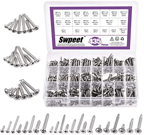 Swpeet 435Pcs 3 tipi # 6# 8# 10 SAE 304 in acciaio inox testa rotonda e Phillips testa piatta viti in lamiera autofilettanti Viti per legno con testa