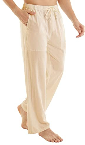 YuKaiChen Herren Leinenhose Mann Lang Sommerhose Weit Leicht Loose Fit Freizeithose Yoga Urlaub Strandhose mit Kordelzug Khaki XL