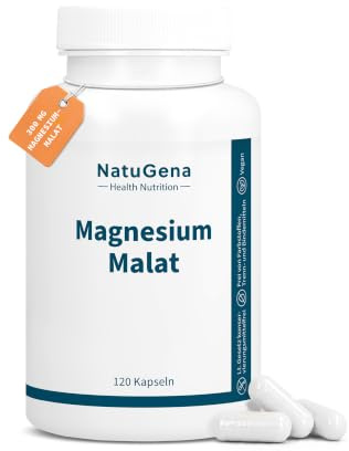 NatuGena Magnesium-Malat, hochdosiert mit 1716 mg Magnesiummalat - davon 300 mg Magnesium pro Tagesdosis, hohe Bioverfügbarkeit durch organische Magnesiumverbindungen, 120 Kapseln (2 Monats Packung)
