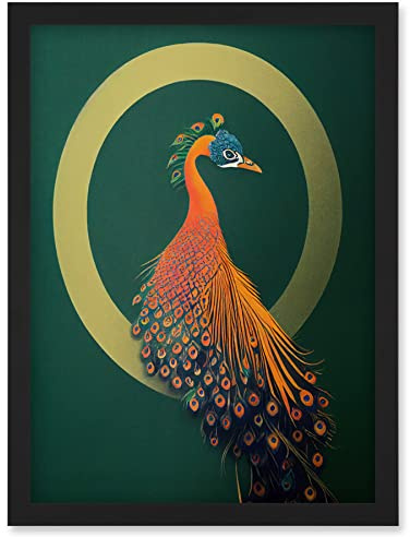 Wee Blue Coo Glamorous Stylish Chic Modern Peacock Illustration Green Gold Orange Artwork Framed Wall Art Print A4