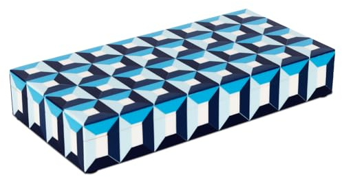 Handicrafts Home Large Blue Decorative Storage Box with Lid, Modern Coffee Table Storage Box, Geometric Resin Inlay Wooden Box, Remote Control Organizer, Keepsake Box For Coastal Decor (12x6x2 Inch)