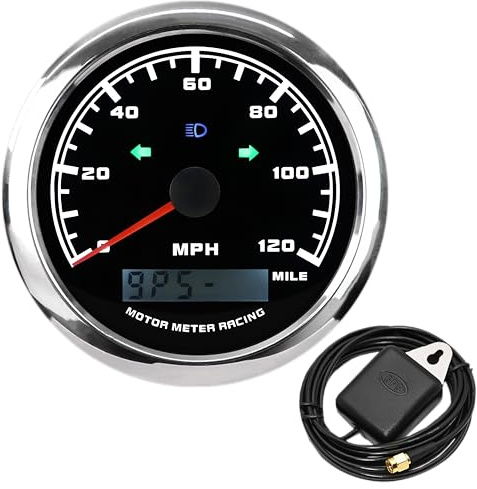 MOTOR METER RACING W Pro 85mm GPS Speedometer Odometer with Indicators | 3-3/8, 120MPH, High Beam & Turn Signal, Black Dial, White LED, for Car Truck Motorcyle Marine, 12V, 24V